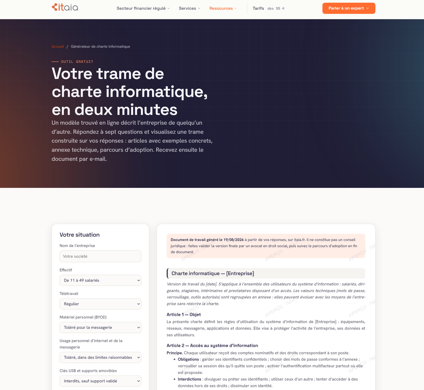 Le générateur de charte informatique gratuit d’ITAIA : sept questions sur votre situation (effectif, télétravail, matériel personnel, clés USB) et l’aperçu de la trame générée article par article, avec annexe technique et parcours d’adoption.
